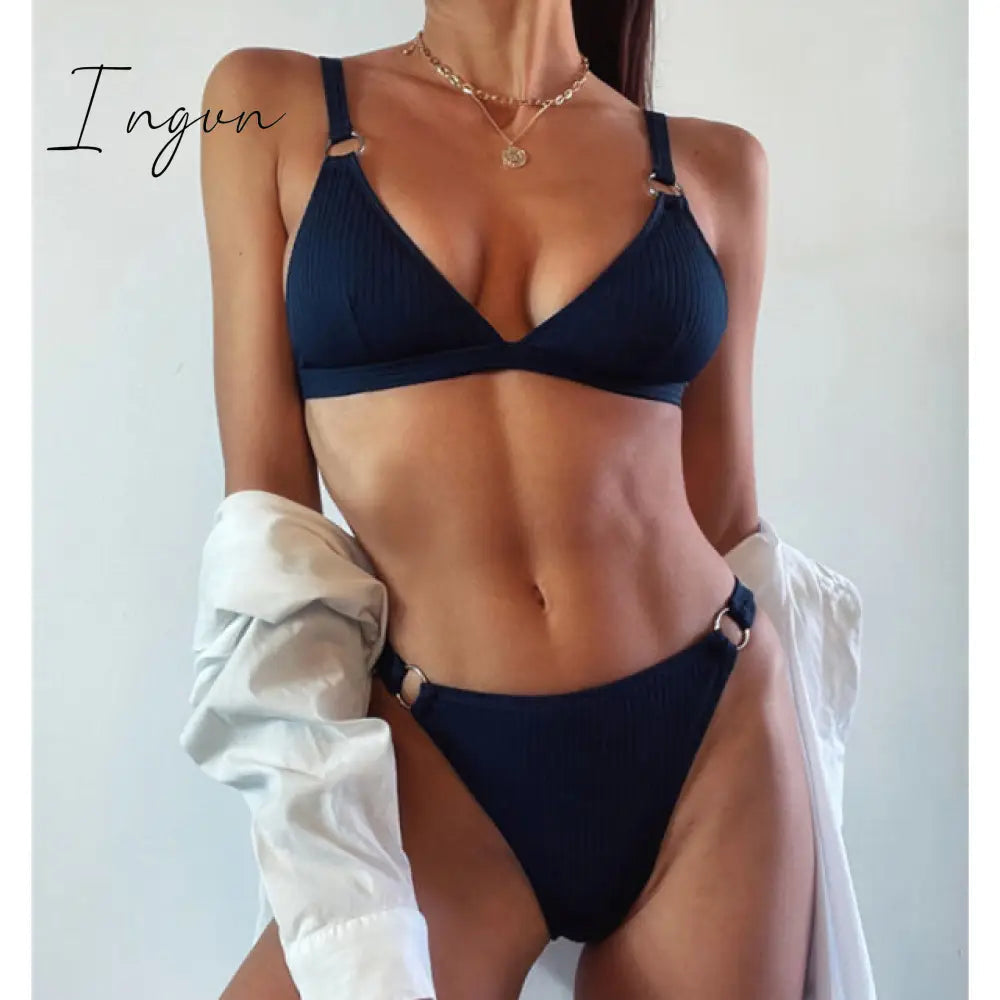 Ingvn - New Sexy Ribbed Ring Bikinis Swimsuit Women Push Up Swimwear Solid Bikini Set Summer Beach Brazil Biquini Swim Bathing Suit