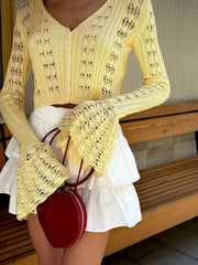 Knitwear Hollow Out Sweater Cardigan Women V-Neck Long Sleeve See-Through Cropped Top Summer Knit Patchwork Cardigan Top