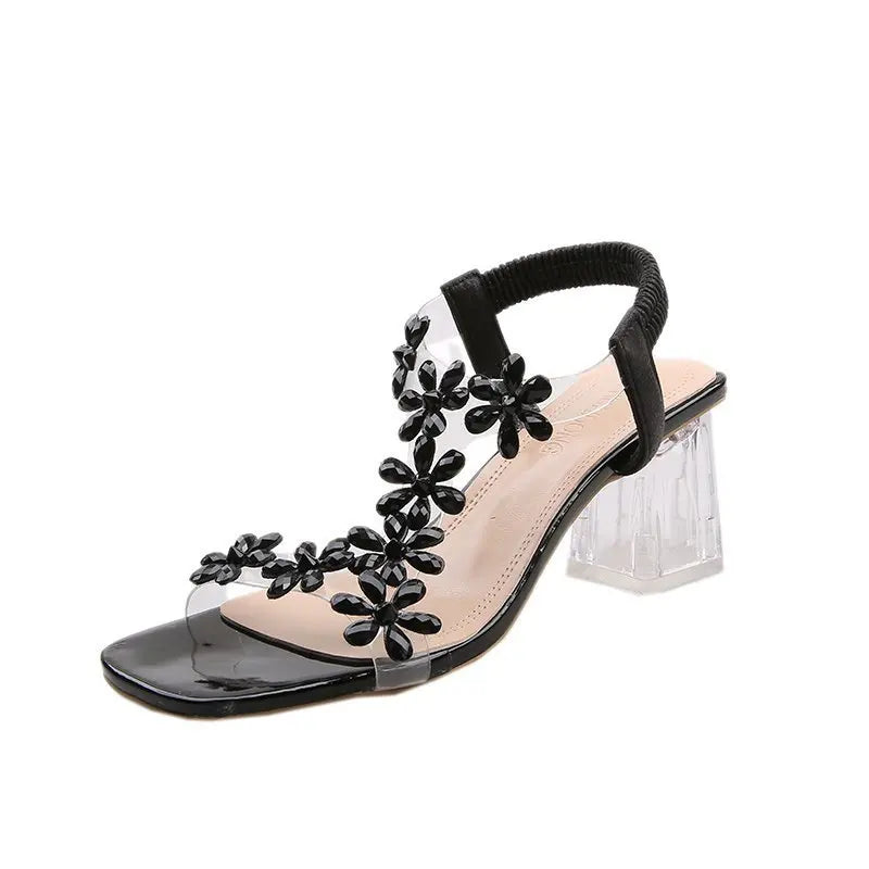 Summer Women Sandals Pvc Crystal Butterfly Decoration Chunky Heel Peep Toe Back Strap Elastic Band Elegant Fashion Shoes Ladies