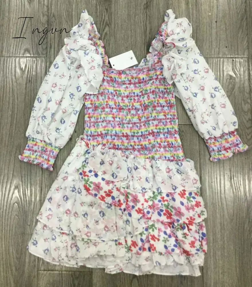 Ingvn - Inspired mixed floral prints ruffled party dress puff sleeve square neck smocked sexy laides dress mini chic summer dress