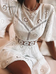 Ingvn - Trends Aproms Elegant White Floral Embroidery Cotton Dress Women Casual High Fashion Backless Short Mni Dresses High Waist Autumn Dress