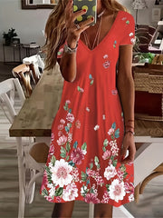 Chic Ditsy Floral Knee-High Dress – V-neck, All-Season Casual Wear, Easy-Care Polyester Lining, Mid Elasticity Fabric