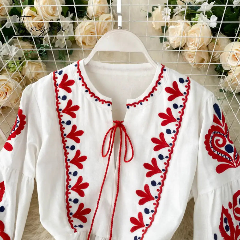 Ingvn - Women Autumn Dresses Bohemian Embroidered Flower O-Neck Lantern Sleeve High Waist Pleated Dress All-match Female Vestidos GK393