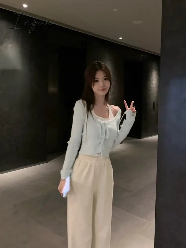 Ingvn - Pure Color Fake Two Pullover Korean Style Y2k Crop Tops Woman Slim Causal Long Sleeve Knitted Sweater Clothing 2023 Spring Chic