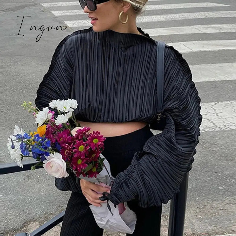 Ingvn - Green Tops Woman Casual Loose Short Ins Festival Tee Shirt Bat Sleeve Irregular Pullover Ins Women's Pleated Fold
