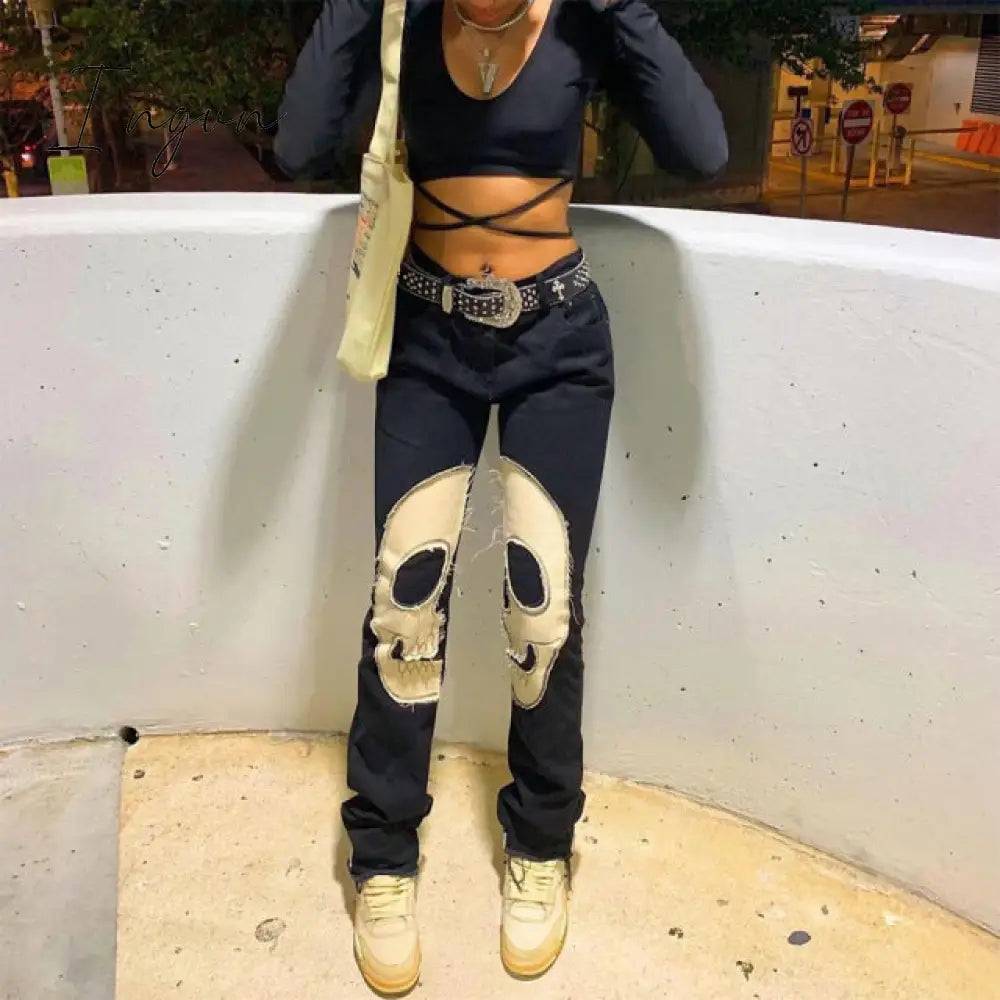 Ingvn - Womens Fashion Skull Patterned Low Rise Jeans Streetwear Women Clothing Black Denim Trousers Cyber Y2k Aesthetic Goth Pants C82-DI53