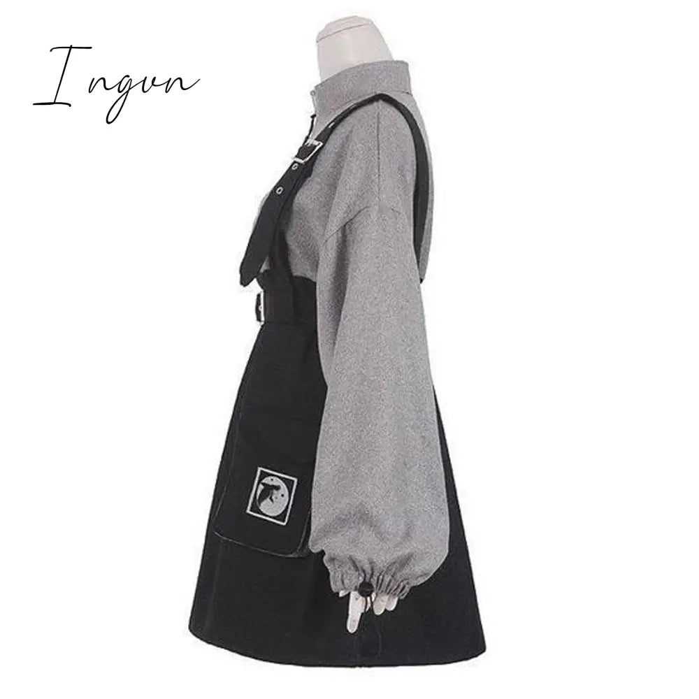 Ingvn - Retro Vintage Women Gothic Girls Punk Mini Dress High Waist Long Sleeve Hat Collar Sexy Gry Black Lolita Plus Size Jurken