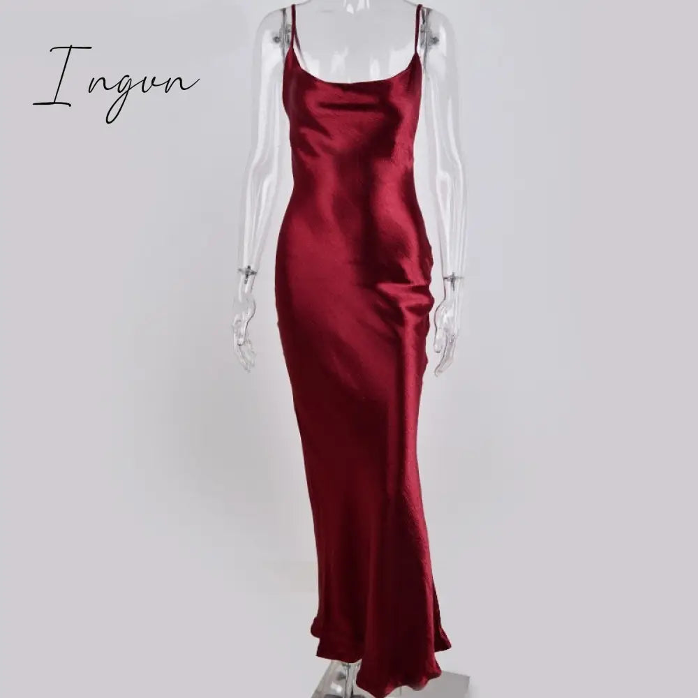 Ingvn - Summer Dresses For Women Sexy Spaghetti Strap Backless Summer Dress Women Satin Lace Up Trumpet Long Dress Elegant Bodycon Party Dresses