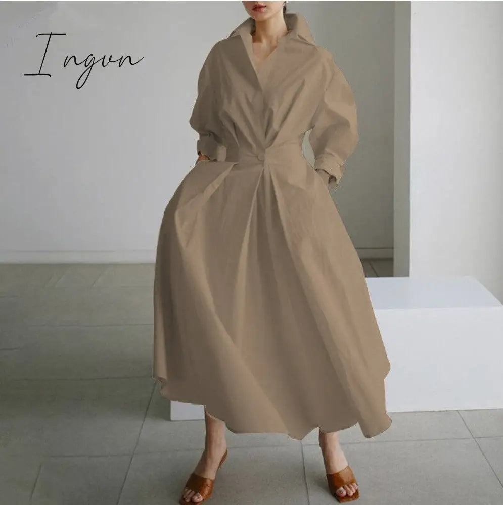Ingvn - Elegant Women Spring Autumn Sundress Fashion Lapel Neck Long Sleeve Solid Long Shirt Dress OL Vestidos Robe Femme 5XL Long Dress