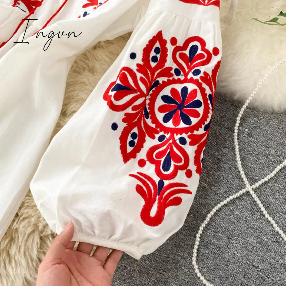 Ingvn - Women Autumn Dresses Bohemian Embroidered Flower O-Neck Lantern Sleeve High Waist Pleated Dress All-match Female Vestidos GK393