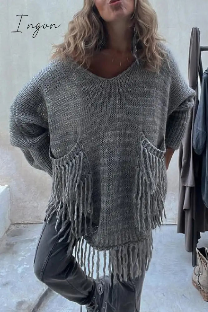 Ingvn - Casual Solid Tassel Pocket Weave O Neck Tops