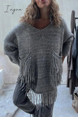 Ingvn - Casual Solid Tassel Pocket Weave O Neck Tops
