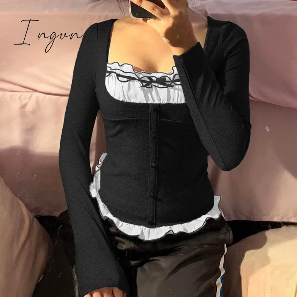 Ingvn - Harajuku Patchwork Crop Tops Y2K Aesthetic Long Sleeve T-Shirt Women Casual Square collar Tee Shirts Vintage Grunge New