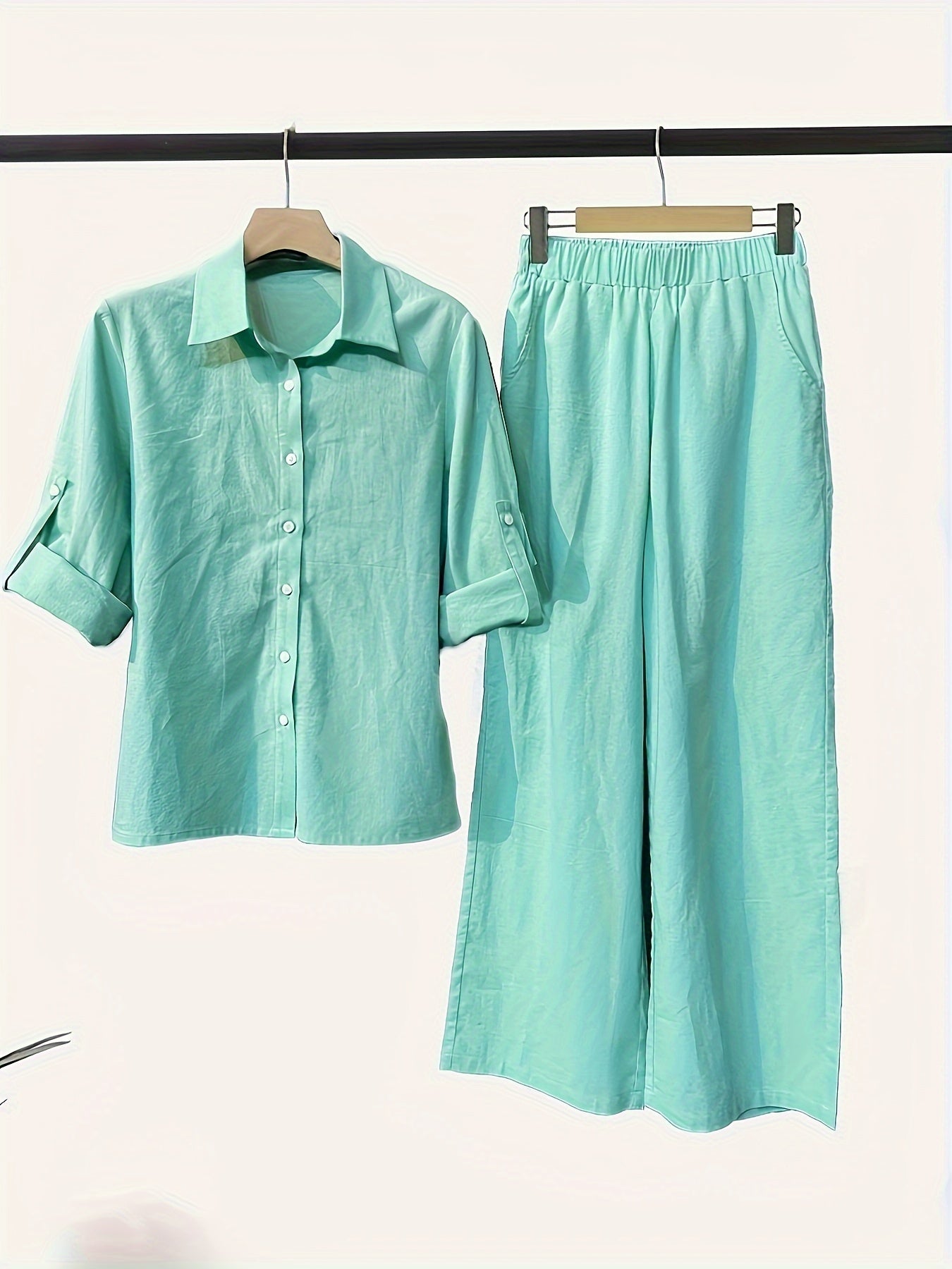 Two-Piece Solid Color Chic Pantsuit Set - Women's Casual Long Sleeve Shirt & Elastic Waist Pants Outfits with Comfortable Fabric and Versatile Style for Daily Wear