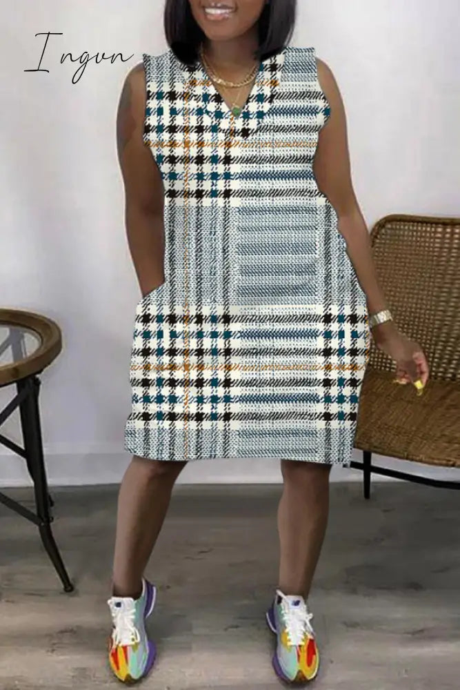Ingvn - Light Coffee Casual Print Patchwork V Neck Sleeveless Dress Dresses