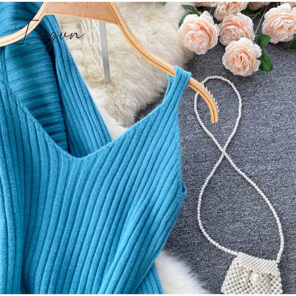 Ingvn - Women Elegant Slim Two Piece Sets Female Sweater Dress Autumn Winter High Waist Knitted Ensemble Femme Medium Long Party Dresses