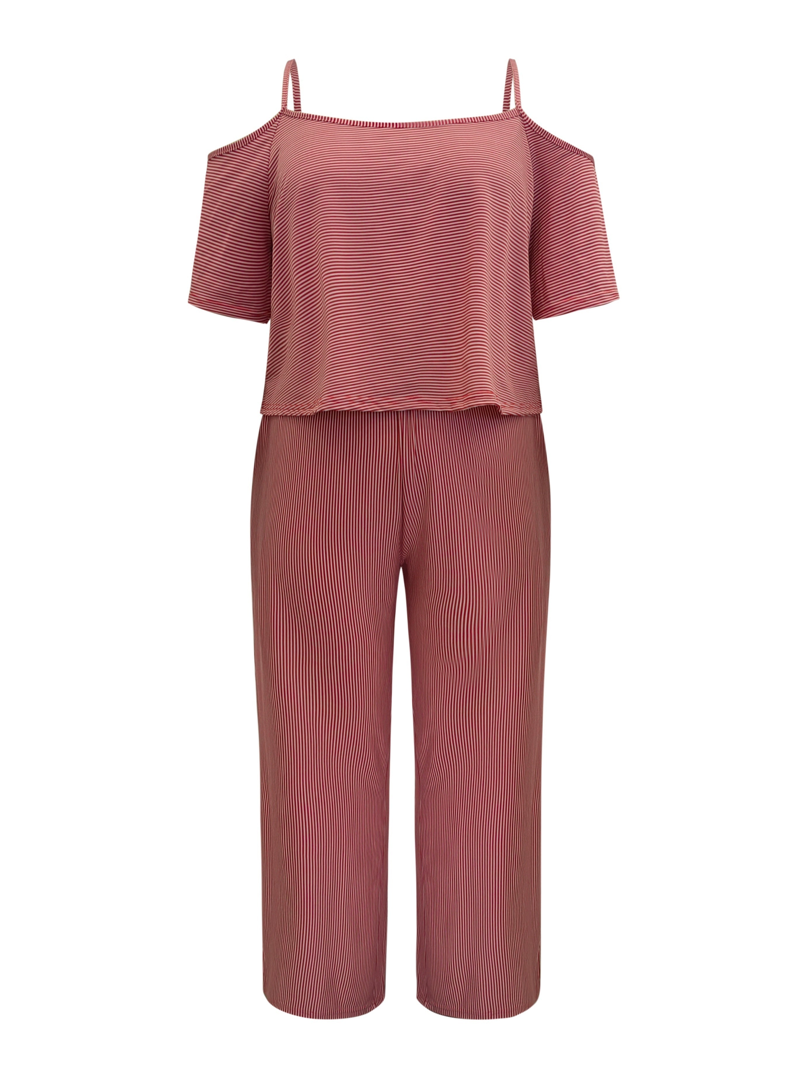 Plus Size Casual Outfits Two Piece Set, Women's Plus Stripe Print Cold Shoulder Top & Wide Leg Pants With Pockets Outfits 2 Piece Set