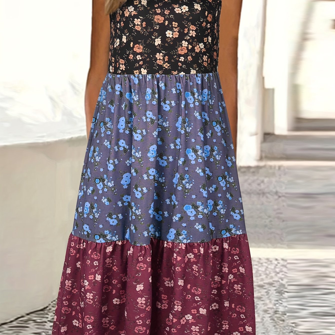 Fashionable Color Block Floral Print Tank Dress - Stylish Crew Neck, Flouncy Tiered Ruffles, Sleeveless - Versatile Casual Womens Summer Wear