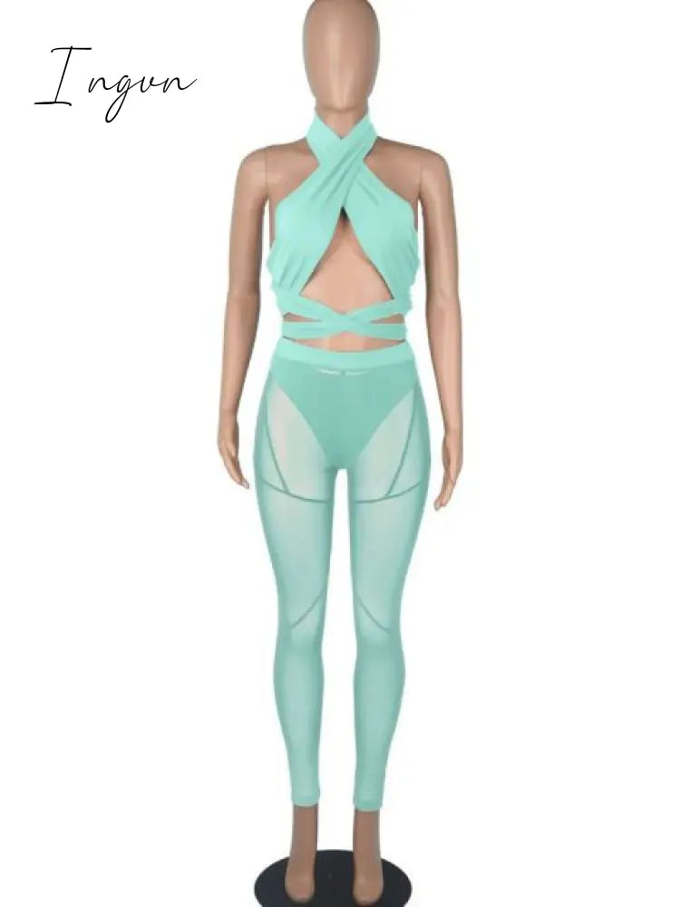 Ingvn - Sexy Mesh Sheer Spliced Two Piece Set Tracksuit Women Bodysuit Pants Summer Clothes Vacation Club Outfits Matching Sets