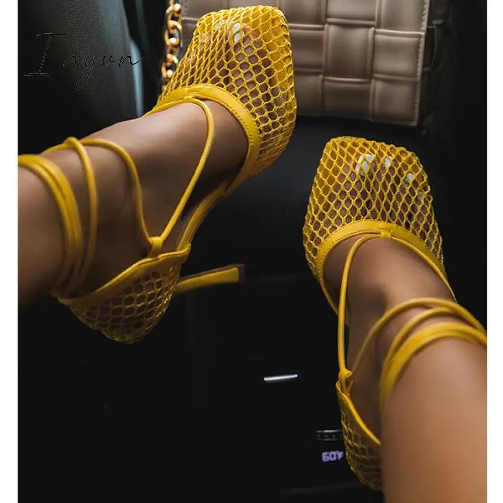 Ingvn - Fishnet Squared Toe Lace Up Heels
