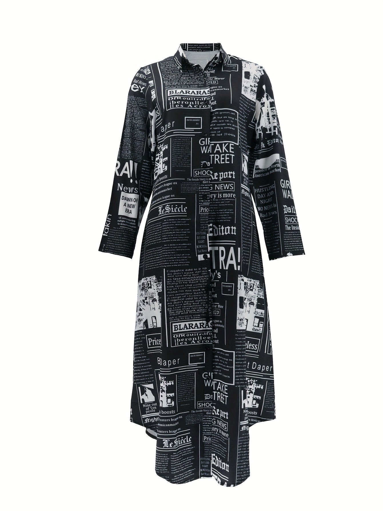 Chic Newspaper Print Womens Dress - Versatile Button-Down Style with Flattering Long Sleeves - A Fashionable Everyday Shirt Dress for Your Wardrobe