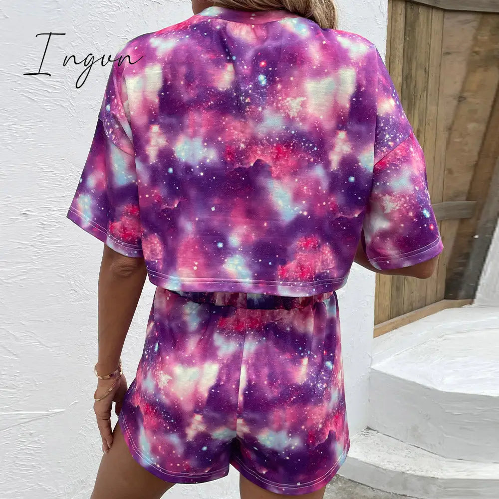 Ingvn - Tie Dye Round Neck Dropped Shoulder Half Sleeve Top and Shorts Set