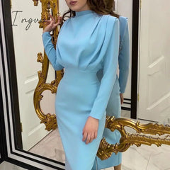 Ingvn - New Fashion Solid Party Dress Women Elegant Stand Collar Pleated Slim Long Dresses Lady Autumn Spring Casual Commute Dress