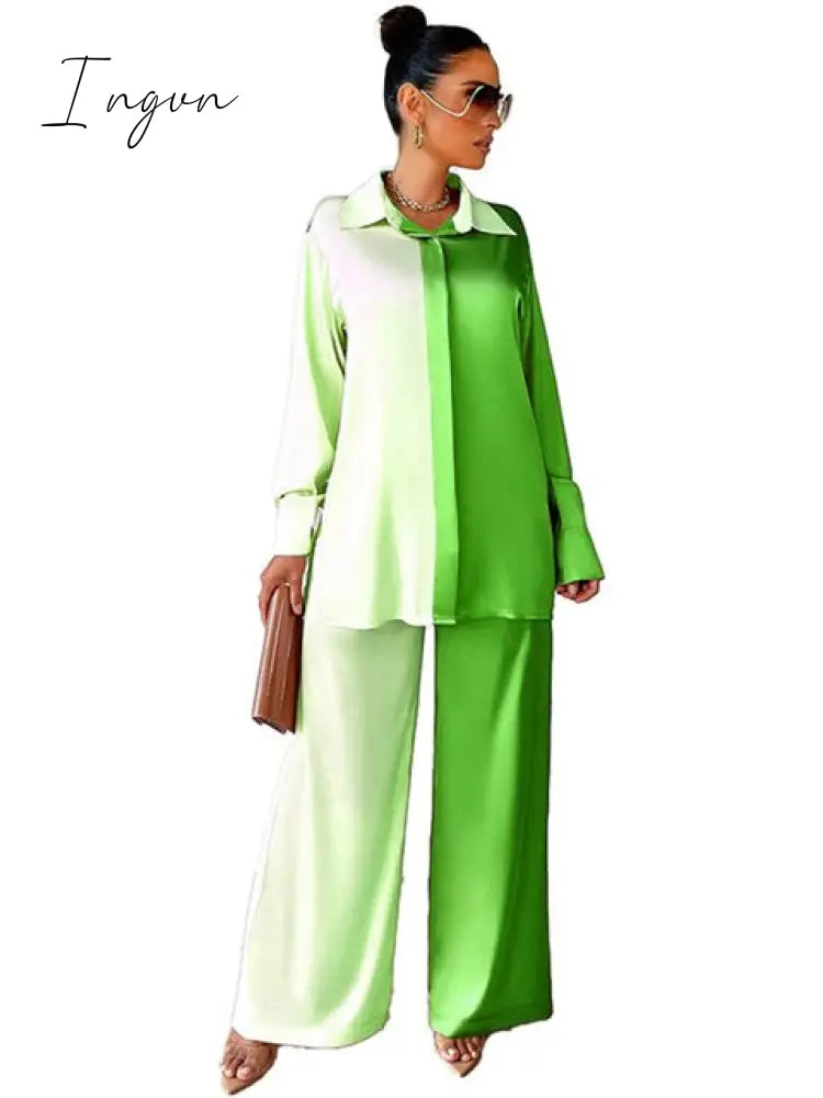 Ingvn - Women Elegant Satin Two Piece Sets Casual Feamle Solid Loose Outfits Long Sleeve Shirt And Wide Leg Straight Pants Suits