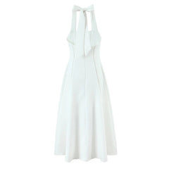 Vintage Elegant Black White Halter Midi Long Dresses Women A-line Slim Sexy Backless Dress Female Summer Party Robe