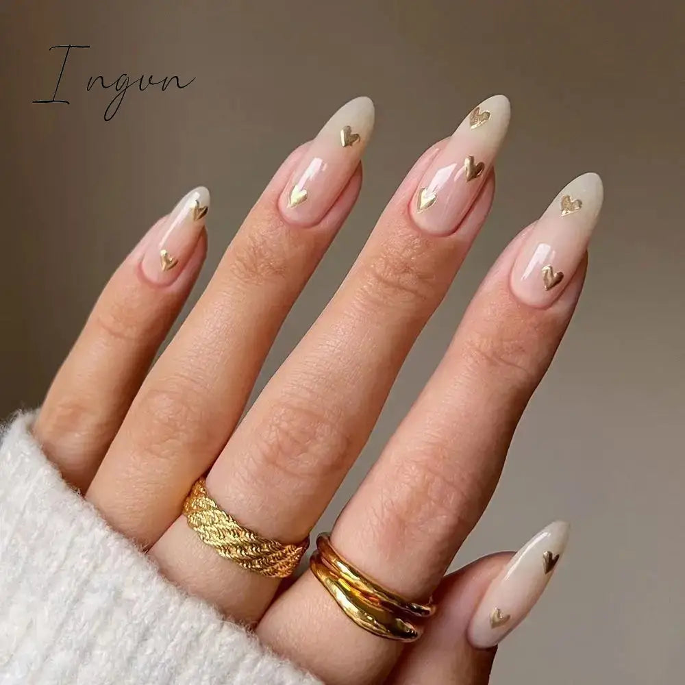 24pcs/Box Almond False Nails Press On Nails Detachable Fake Nail Tip gold heart with Design Manicure Patches Press On Nails