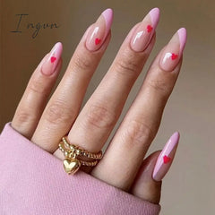 24Pcs/Box Almond False Nails Press On Detachable Fake Nail Tip Gold Heart With Design Manicure