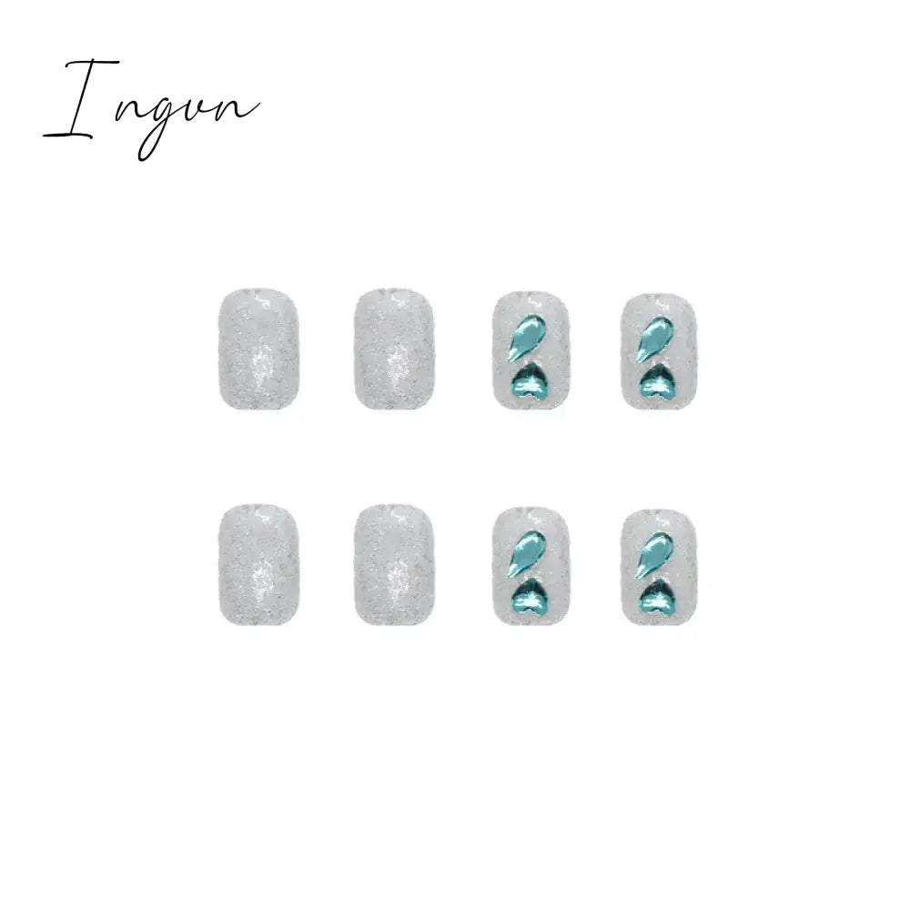 24Pcs/Box Gradient Nail Art Patches False Nails Short Square Blue Starry Glitter Teardrop Diamond