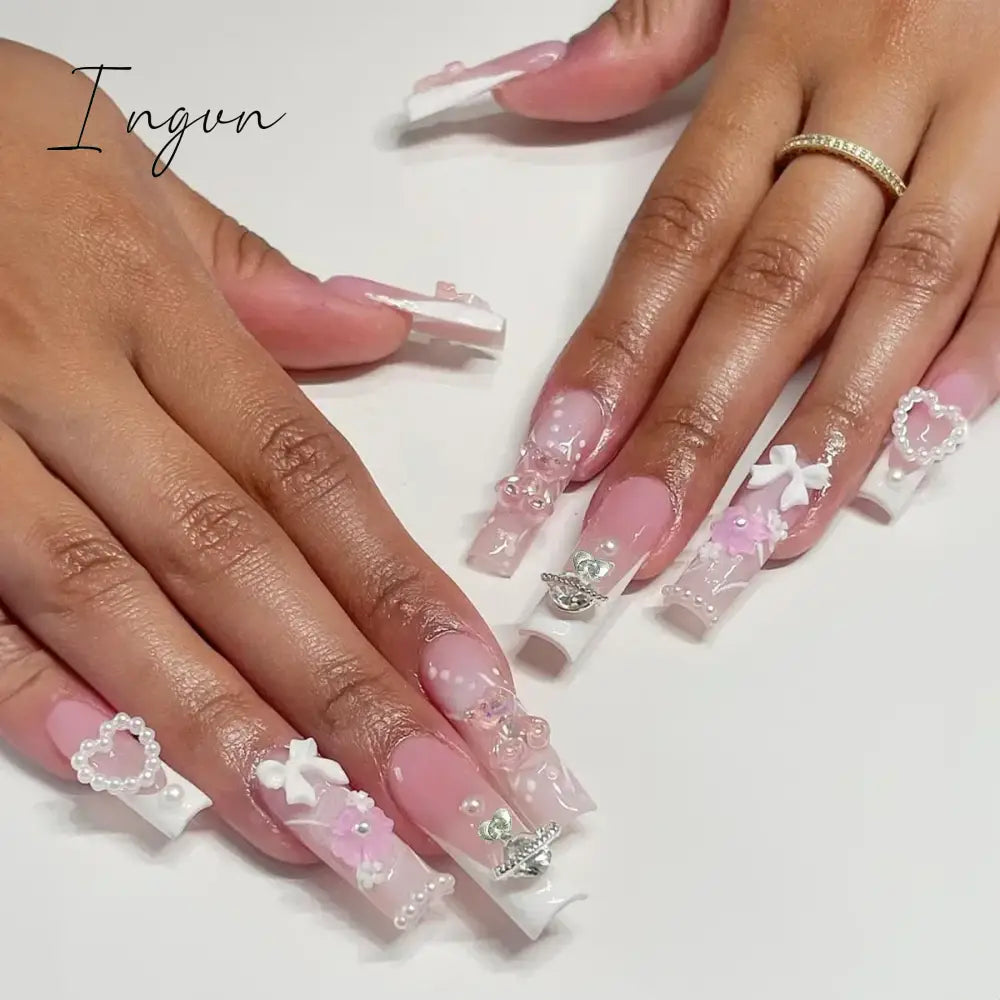24Pcs French Rhinstones Artifical Nails With Glue Full Cover False Detachable Coffin Fake Nail