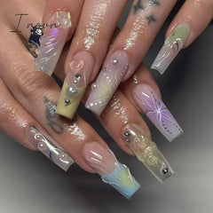 24pcs French rhinstones artifical nails with glue full cover false nails detachable coffin fake nail bling press on nails