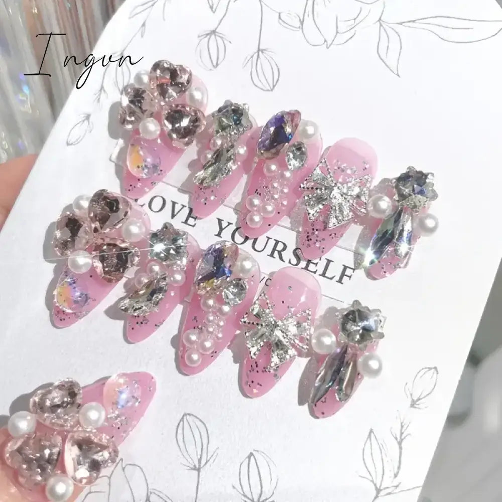 24Pcs/Set Long Oval False Nails 3D Heart Sparkling French Press On Pink Full Cover Fake Nail