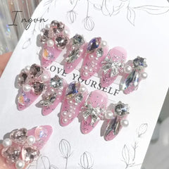24Pcs/Set Long Oval False Nails 3D Heart Sparkling French Press On Pink Full Cover Fake Nail