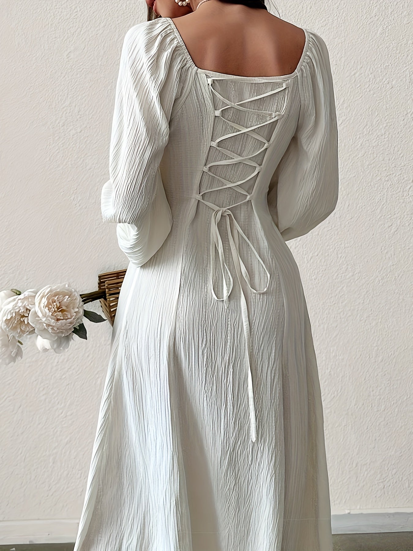 Stunning Textured Cross Tie Lantern Sleeve Midi Dress - Elegant Square Neck, Drawstring Waist, Semi-Sheer, Solid Color, Polyester, Machine Washable, Customized Fitted Design for Women - Perfect for Spring and Fall Seasons