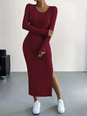 Long Sleeve Bodycon Ribbed Knit Dress - Sexy Crew Neck Split Thigh Slim Fit with Mid Elasticity - Machine Washable Polyester Fabric for Fall/Winter Season
