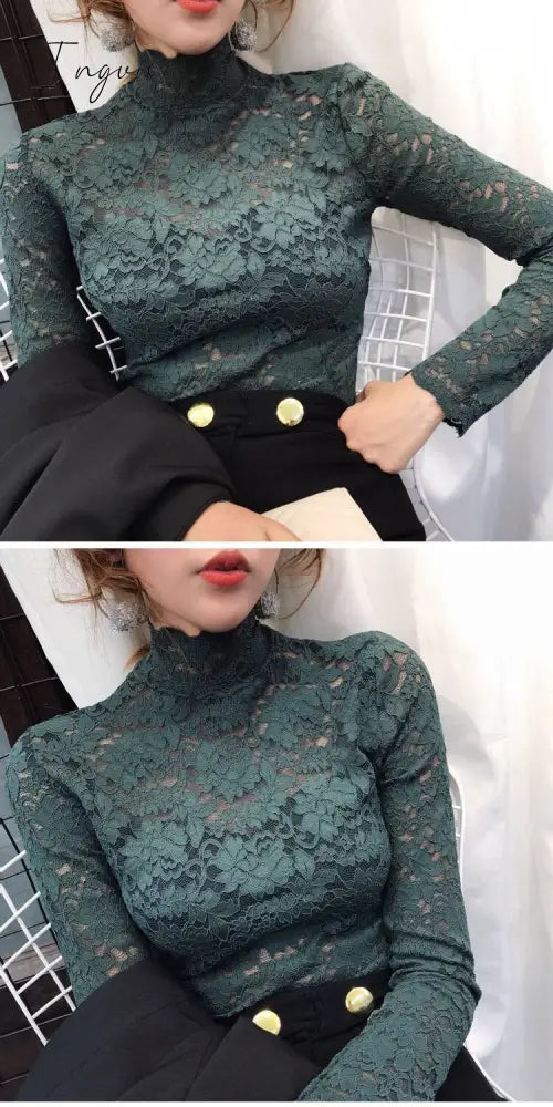 Ingvn - gifts for women Plus Size Women Lace Blouses Shirts Sexy Hollow Out Long Sleeve Solid Blouse Lady Elegant Floral Embroidery Elastic Shirt Tops