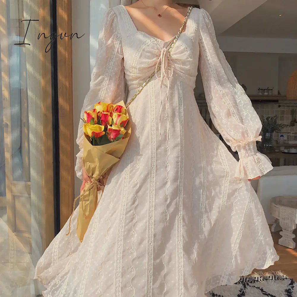 Ingvn - Vintage Fairy Dress Women Elegant Designer Chiffon Dress Long Sleeve French Party Midi Dress Casual Women's Clothing Autumn