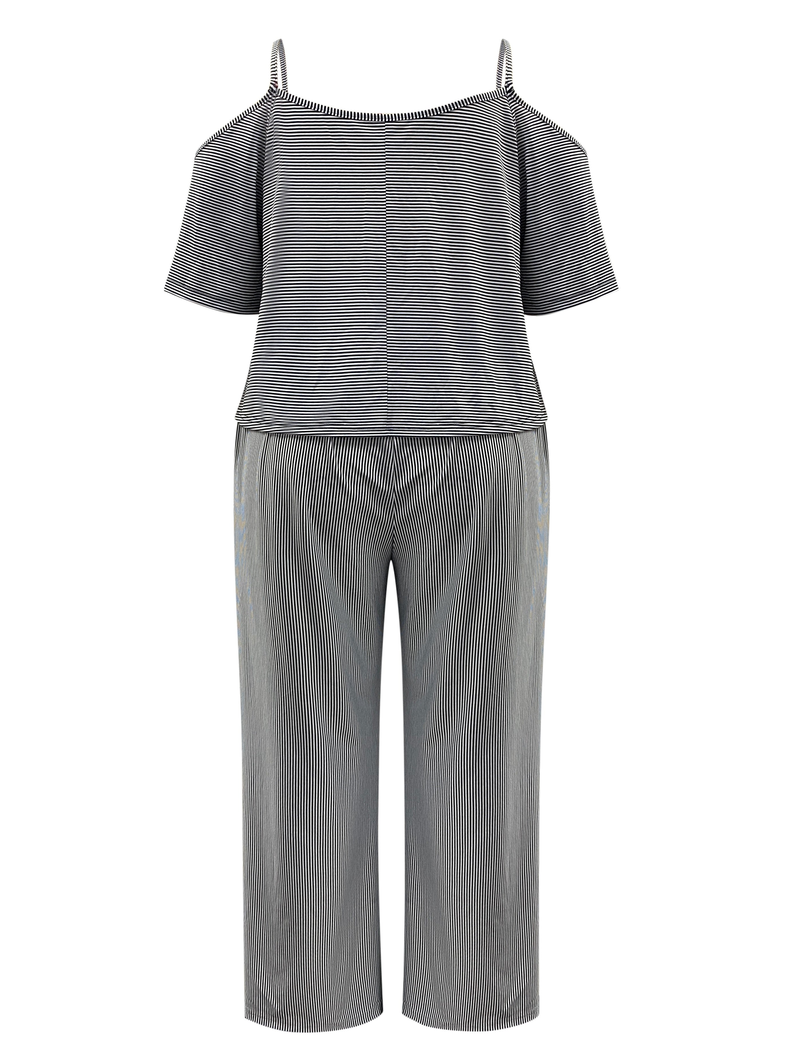 Plus Size Casual Outfits Two Piece Set, Women's Plus Stripe Print Cold Shoulder Top & Wide Leg Pants With Pockets Outfits 2 Piece Set