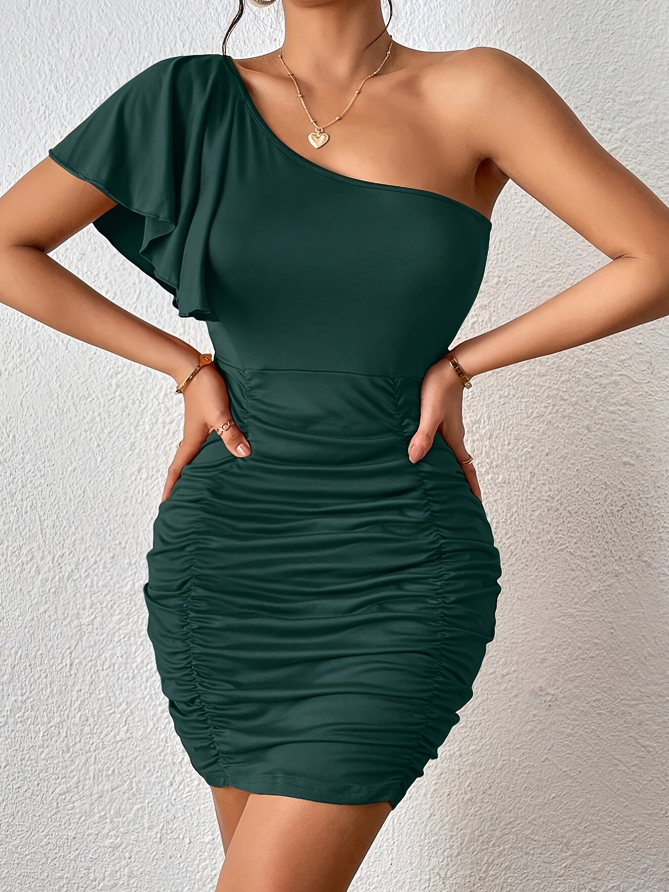Solid One Shoulder Ruched Dress, Elegant Flutter Sleeve Bodycon Asymmetrical Dress For Banquet & Party, Women's Clothing Wedding/Evening dress/Occasion/Engagement/Ceremony