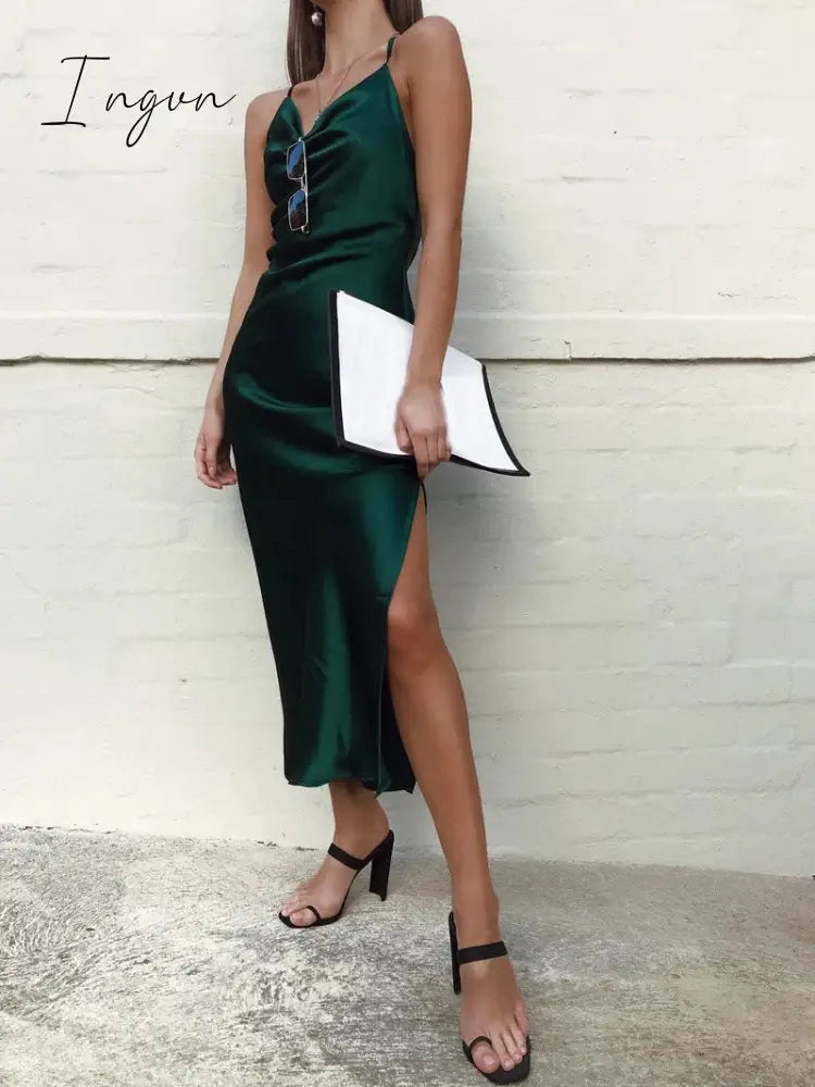 Ingvn - Summer Sleeveless Spaghetti Strap Black Silk Long Dress Sexy Backless Elegant Satin Bodycon Party Dress Woman Split Midi Dresses