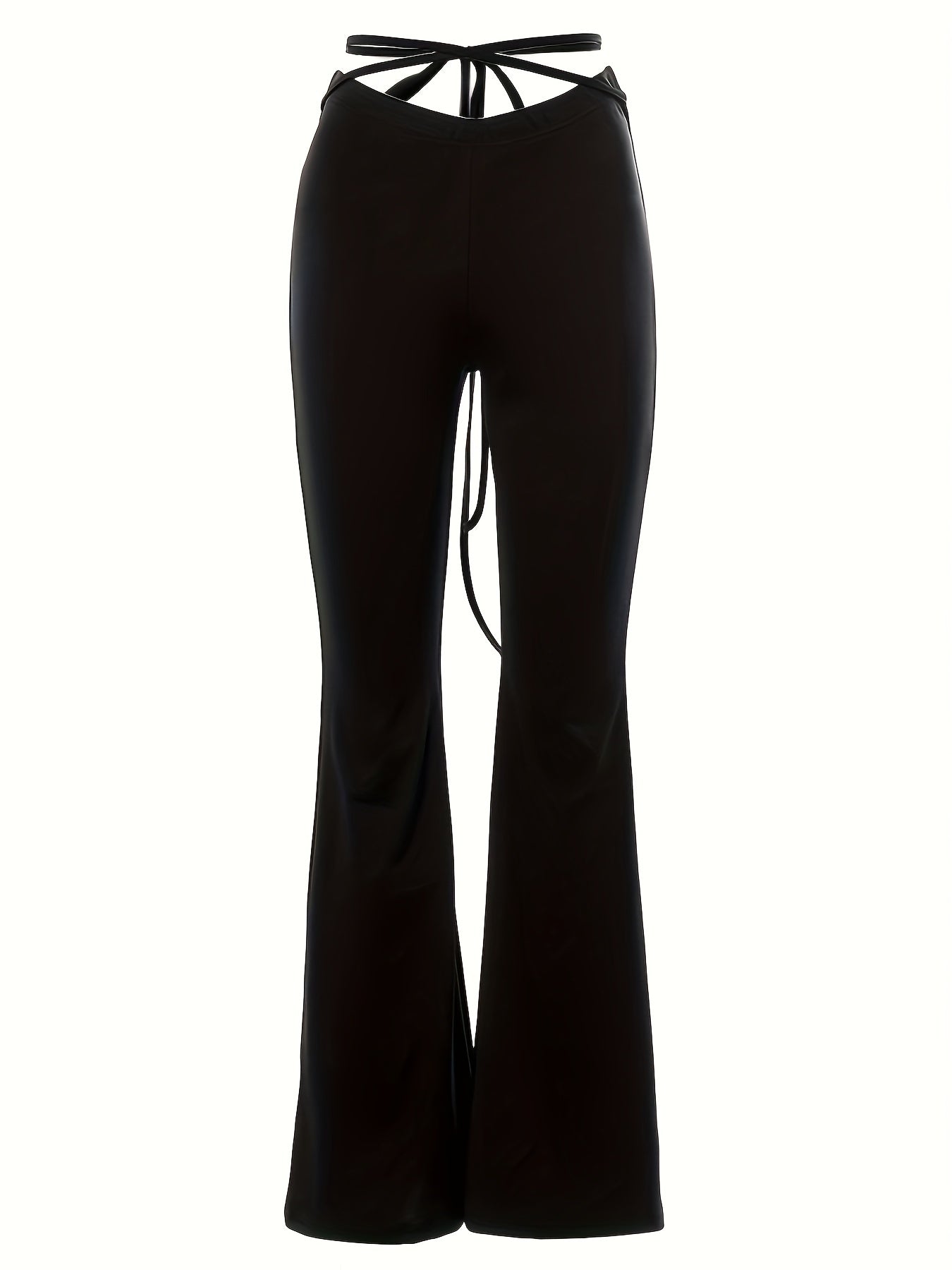 Solid Black High Waist Flare Leggings with Open Navel Criss Cross Straps - Body-Conforming & Fashion-Forward Wide Pants for Women