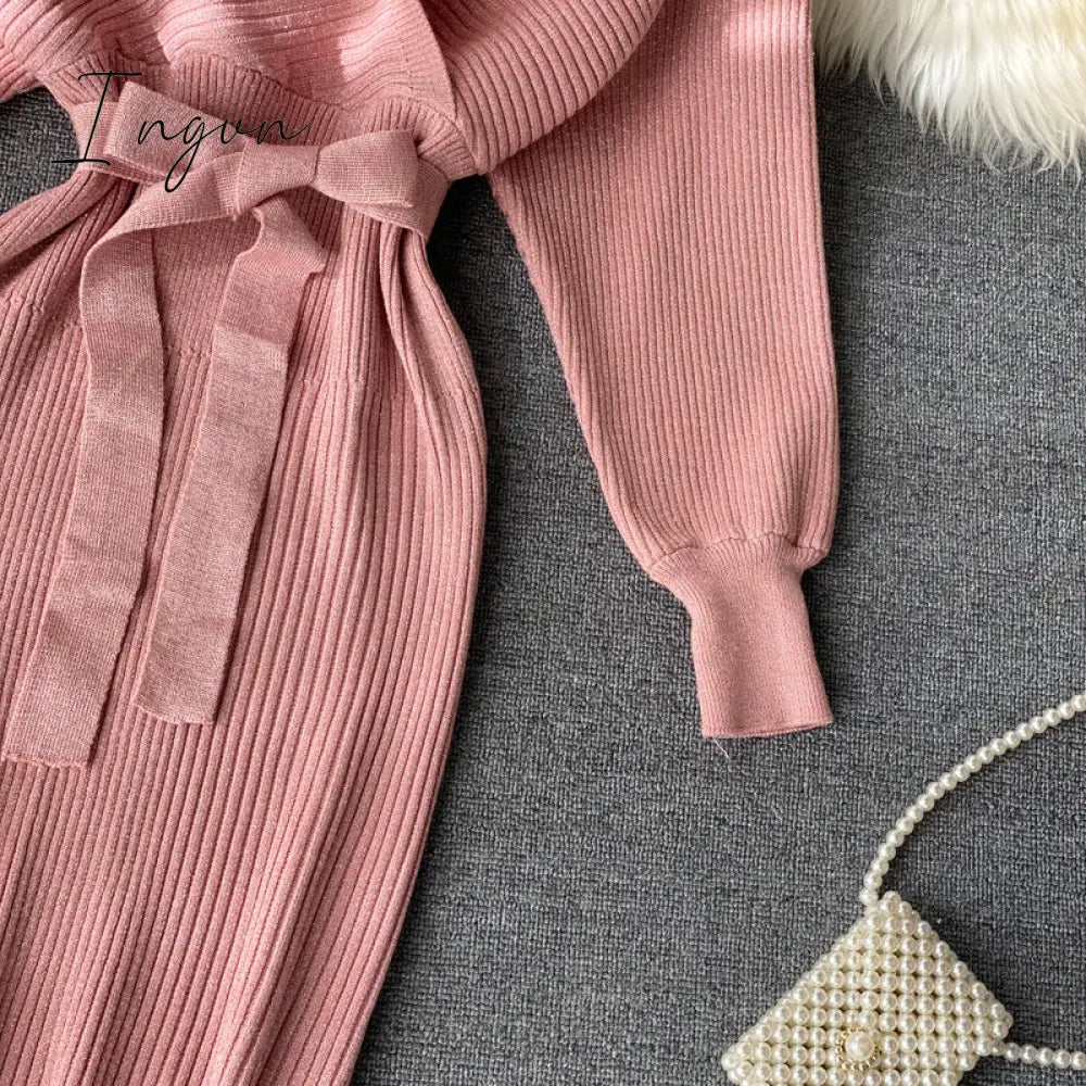 Ingvn - Women Shiny Knitted Dress Sexy V Neck Puff Sleeve Elastic Sheath Knitting Dress Autumn Solid Bow Sashes Pencil Dress