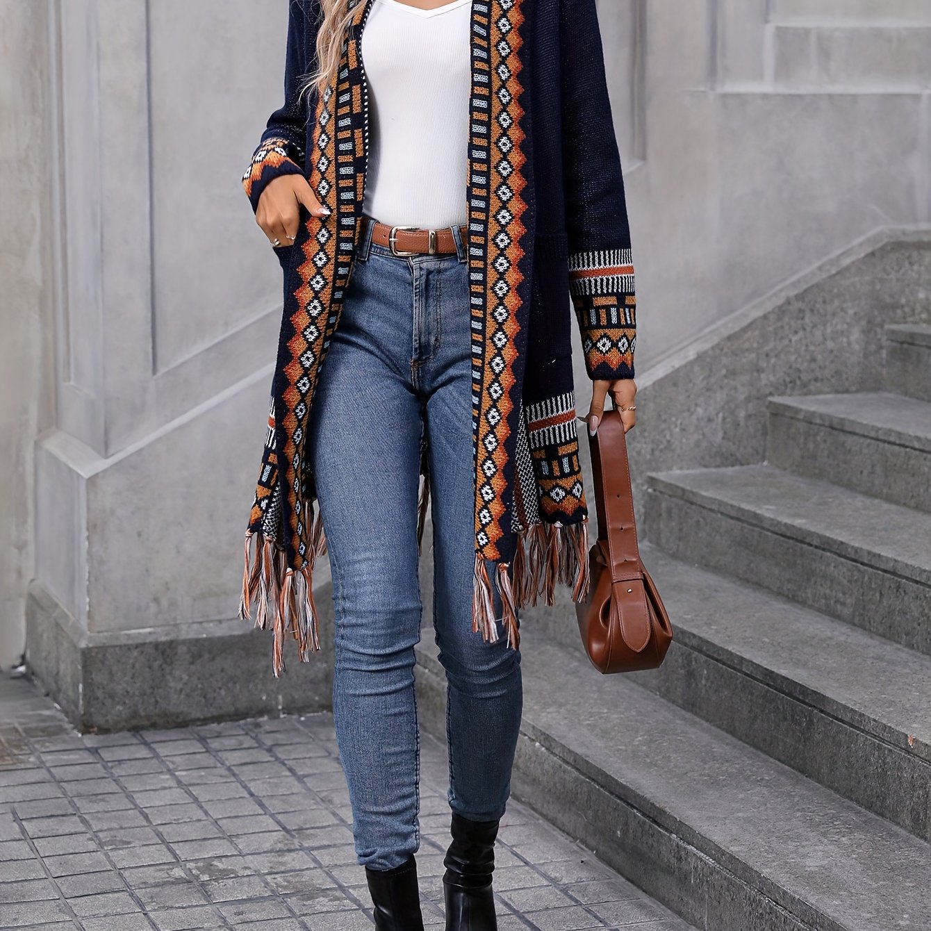 Vibrant Geo Pattern Tassel Hem Cardigan - Long Sleeve, Retro Ethic Style, Soft and Cozy, Perfect for Fall and Winter, Women's Fashion Clothing for Chic and Confident Ladies