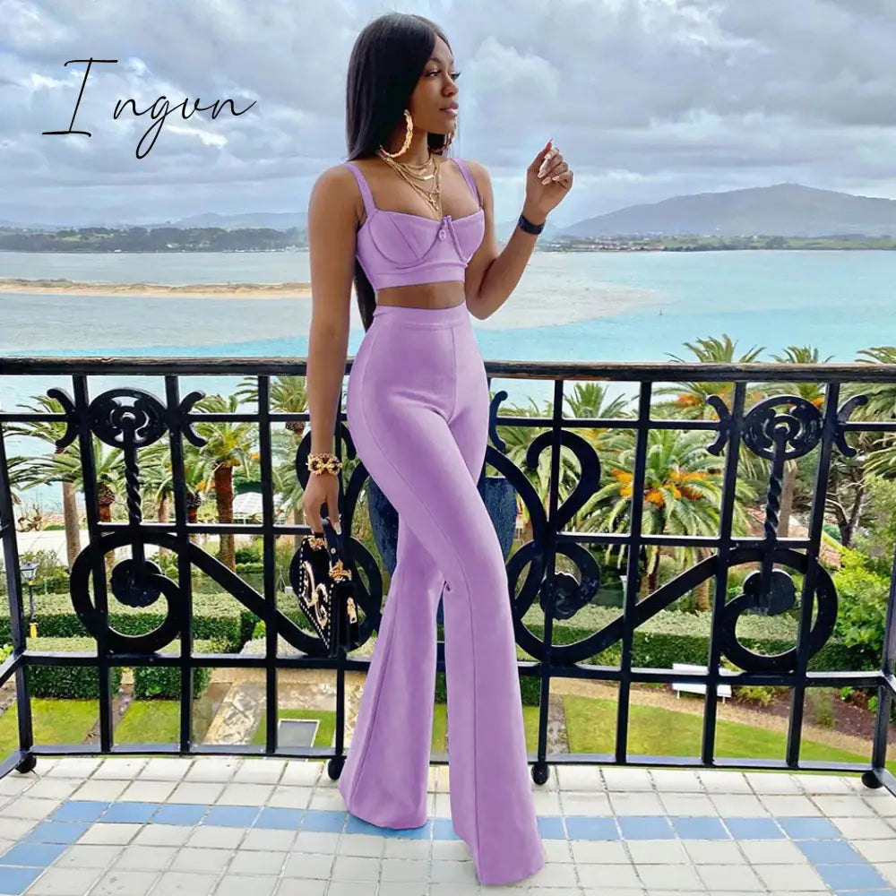 Ingvn - Set 2 Pieces Strap Sleeveless Bustiers And Long Bell-Bottoms Trousers Sexy Celebrity Party Sheath Vestidos  Dobanmbd