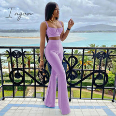 Ingvn - Summer New Women's Fashion Sexy Bandage 2 Two-piece Set Sleeveless Tight Short Top &  High Waist Flared Trousers Pants Set