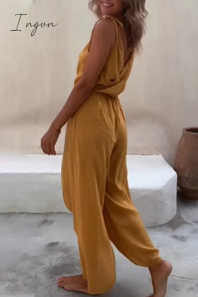 Ingvn - Sexy Simplicity Solid Asymmetrical V Neck Loose Jumpsuits