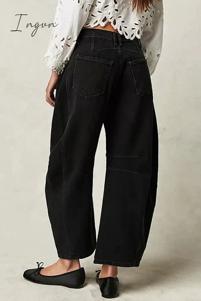Ingvn- Casual Vintage Solid Pocket Without Belt Mid Waist Loose Denim Jeans(No Belt)